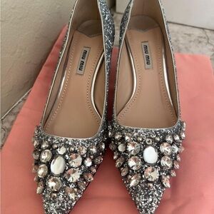 Miu Miu Silver Glitter Heels with Crystal Embellishments